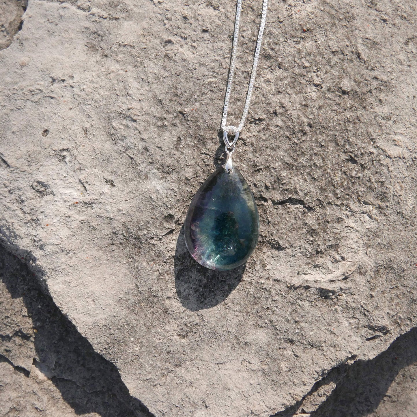 Fluorite Teardrop Pendant with Sterling Silver 1mm Box Chain Necklace (18") | Snow Heart Crystals - Online Crystal Shop Canada