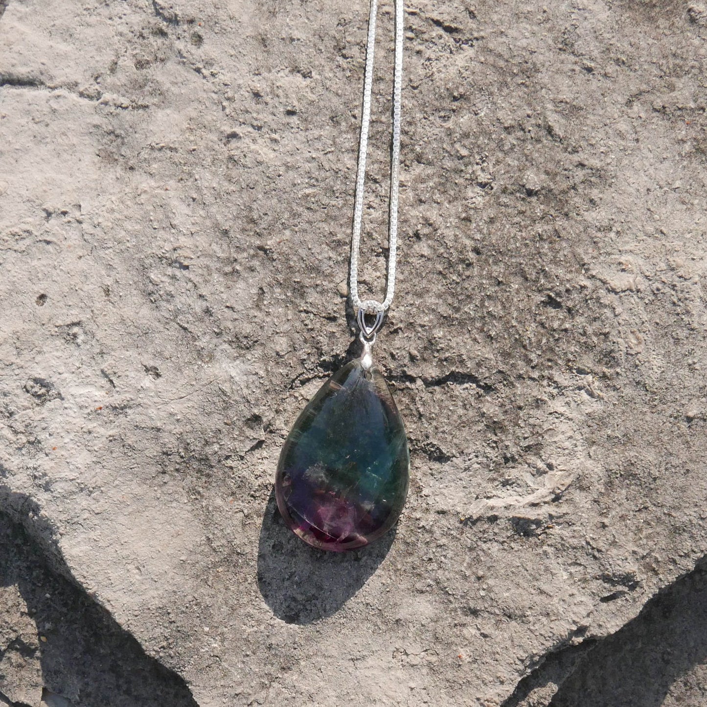 Fluorite Teardrop Pendant with Sterling Silver 1mm Box Chain Necklace (18") | Snow Heart Crystals - Online Crystal Shop Canada