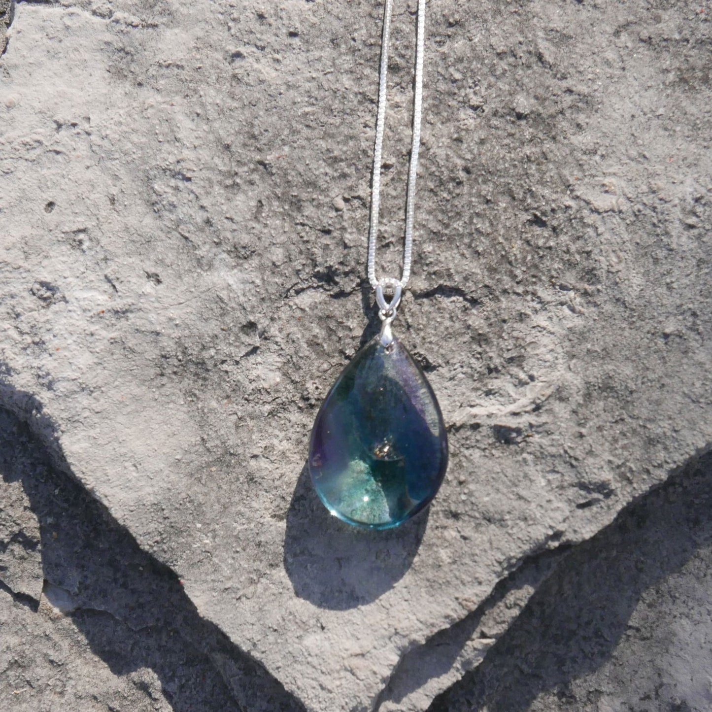 Fluorite Teardrop Pendant with Sterling Silver 1mm Box Chain Necklace (18") | Snow Heart Crystals - Online Crystal Shop Canada