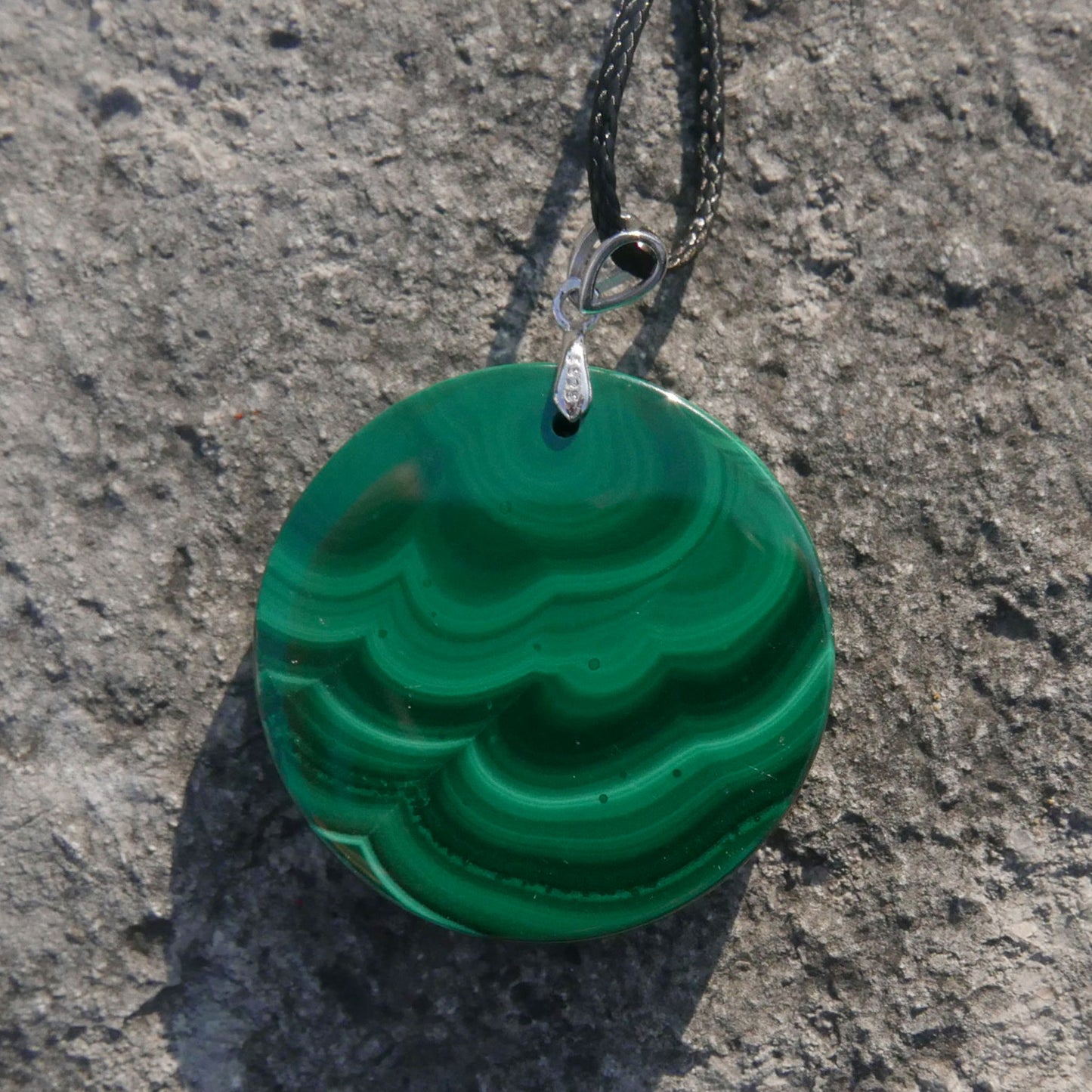 Malachite Circle Pendant with Adjustable 1mm Waxed Cord Necklace | Snow Heart Crystals - Online Crystal Shop Canada