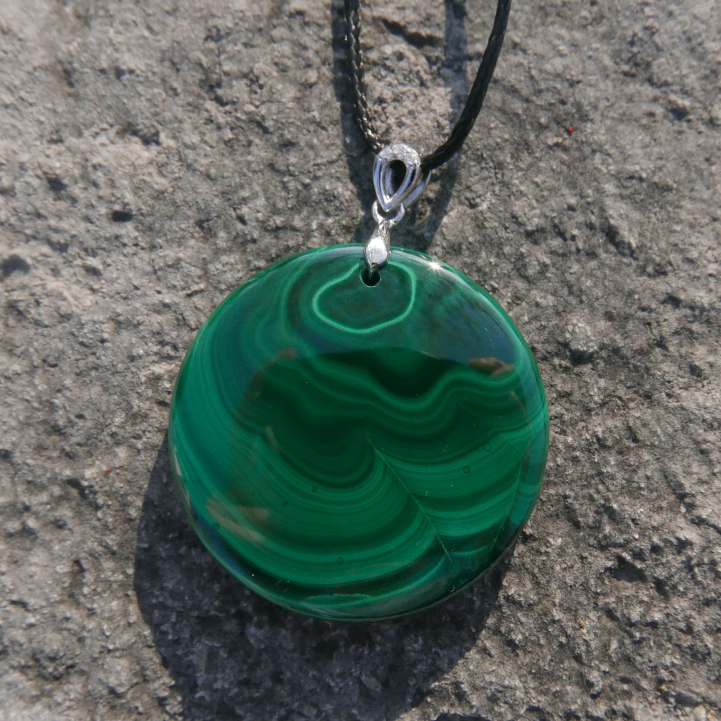 Malachite Circle Pendant with Adjustable 1mm Waxed Cord Necklace | Snow Heart Crystals - Online Crystal Shop Canada