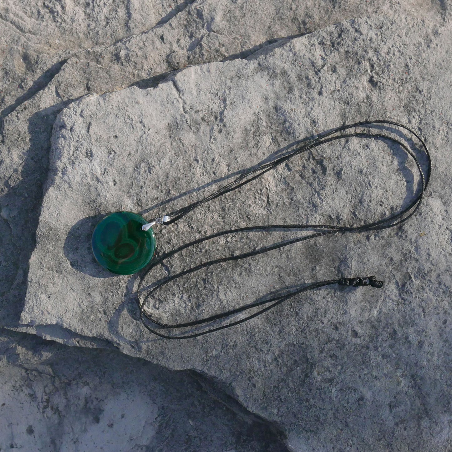 Malachite Circle Pendant with Adjustable 1mm Waxed Cord Necklace | Snow Heart Crystals - Online Crystal Shop Canada
