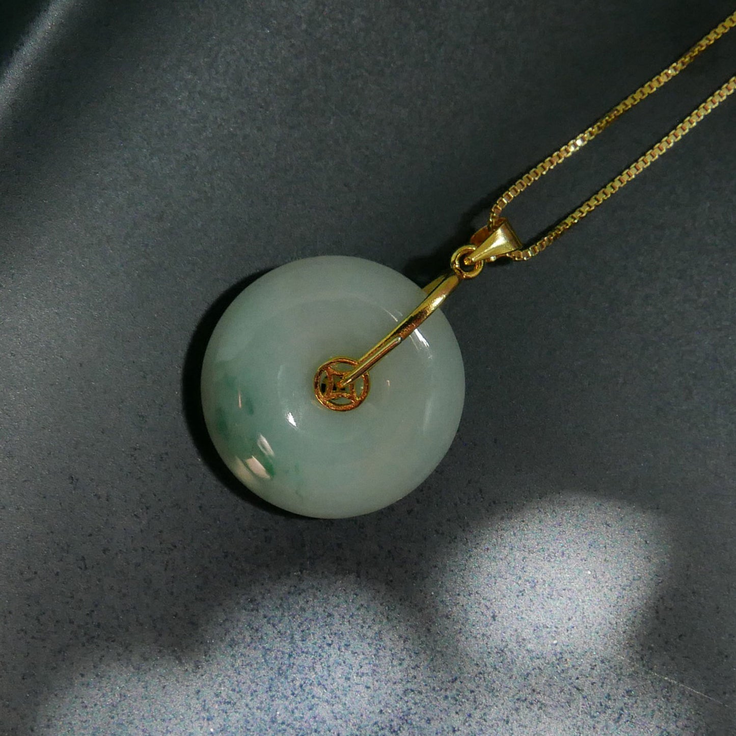 Prosperity Green Jade Donut Pendant with 14K Gold Plated Sterling Silver 1mm Box Chain Necklace (18") | Snow Heart Crystals - Online Crystal Shop Canada
