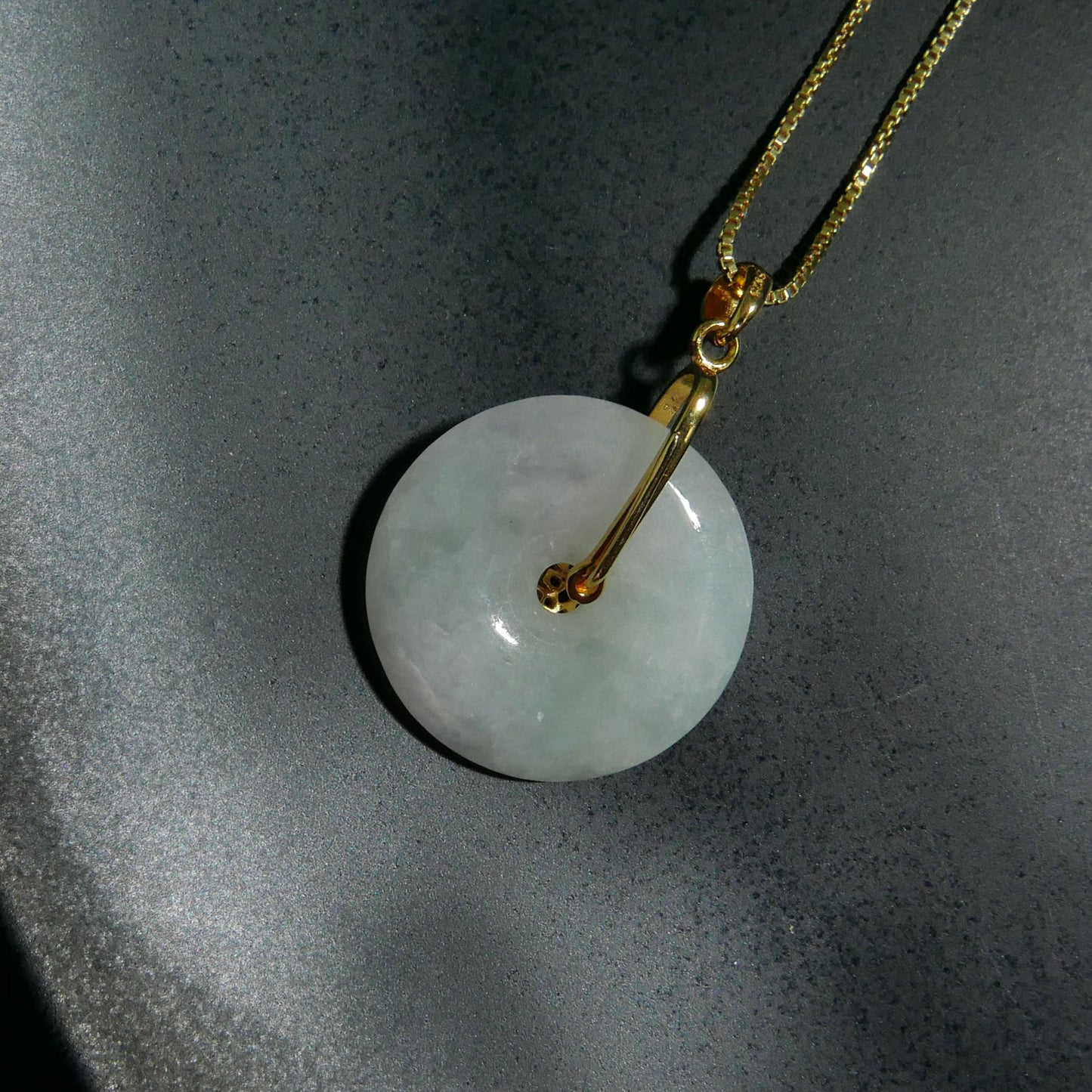 Good Fortune Chinese 'Fu' Green Jade Donut Pendant with 14K Gold Plated Sterling Silver 1mm Box Chain Necklace (18") | Snow Heart Crystals - Online Crystal Shop Canada