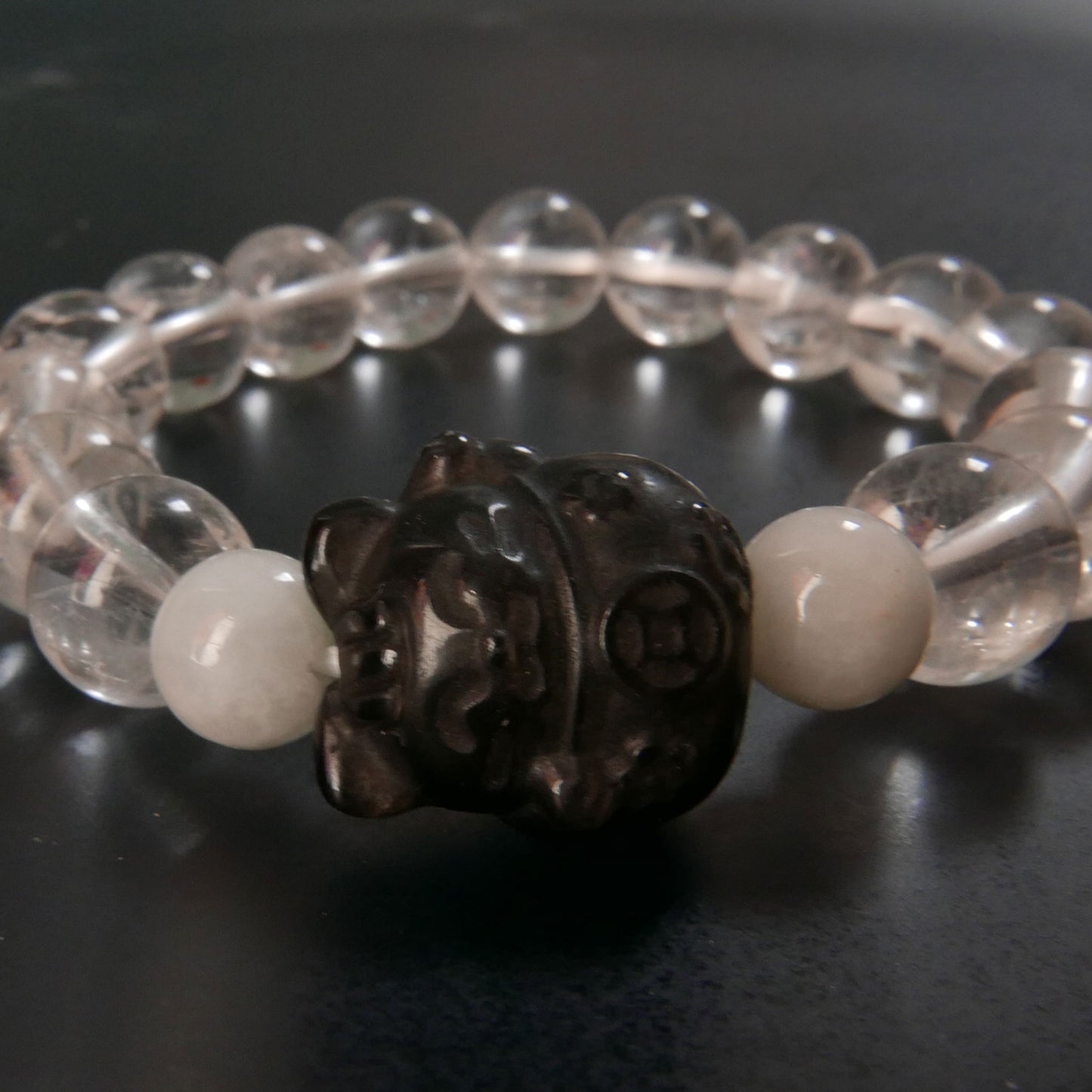 Silver Obsidian Lucky Cat Charm Bracelet with Clear Quartz and Jade | Snow Heart Crystals - Online Crystal Shop Canada
