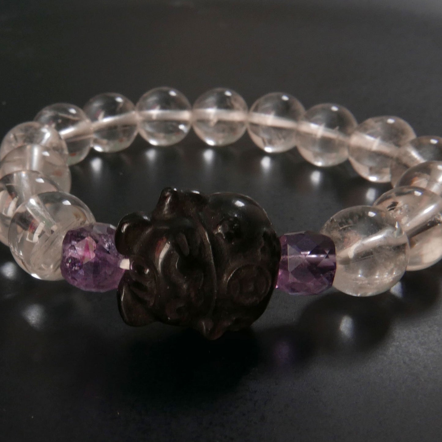 Silver Obsidian Lucky Cat Charm Bracelet with Clear Quartz and Amethyst | Snow Heart Crystals - Online Crystal Shop Canada