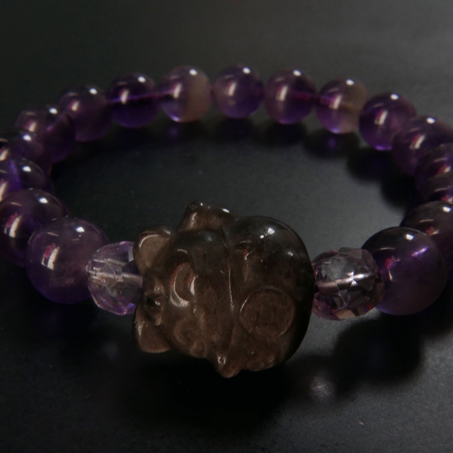 Silver Obsidian Lucky Cat Charm Bracelet with Amethyst | Snow Heart Crystals - Online Crystal Shop Canada