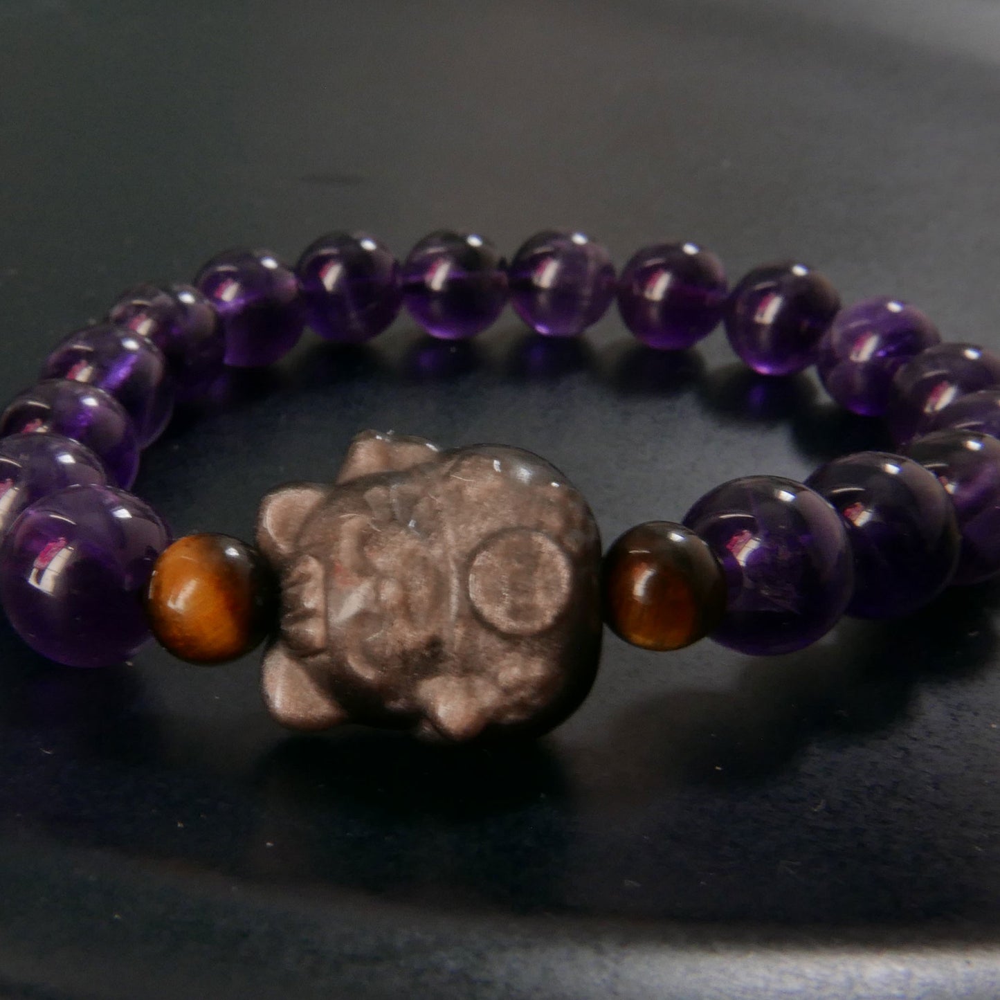 Silver Obsidian Lucky Cat Charm Bracelet with Amethyst and Tiger Eye | Snow Heart Crystals - Online Crystal Shop Canada
