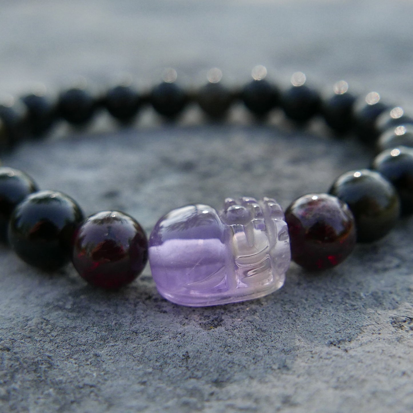 Golden Obsidian Bracelet (8-8.5mm) and Garnet with Ametrine Pixiu