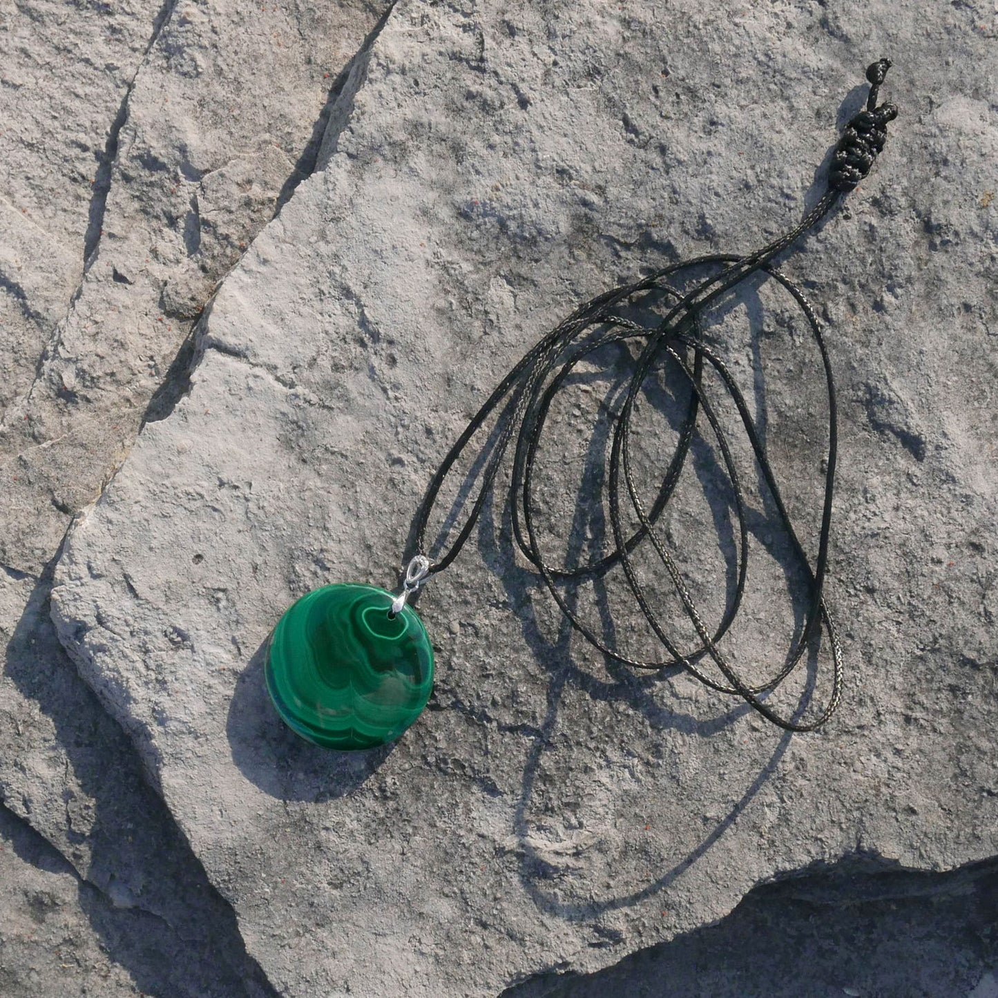 Malachite Circle Pendant with Adjustable 1mm Waxed Cord Necklace | Snow Heart Crystals - Online Crystal Shop Canada 