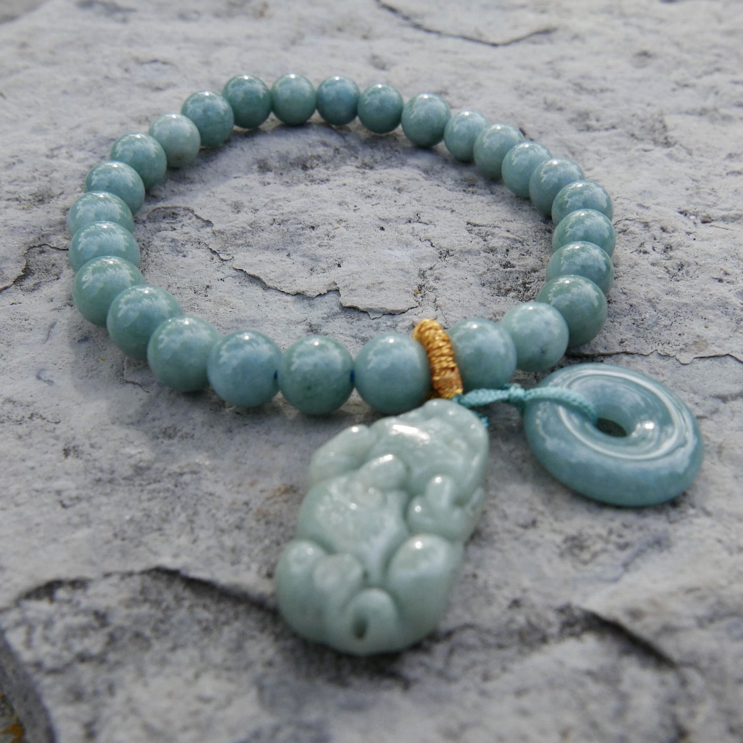 Blue Water Jade Bracelet (6.5-7mm) with Jade Donut and Pixiu Charms