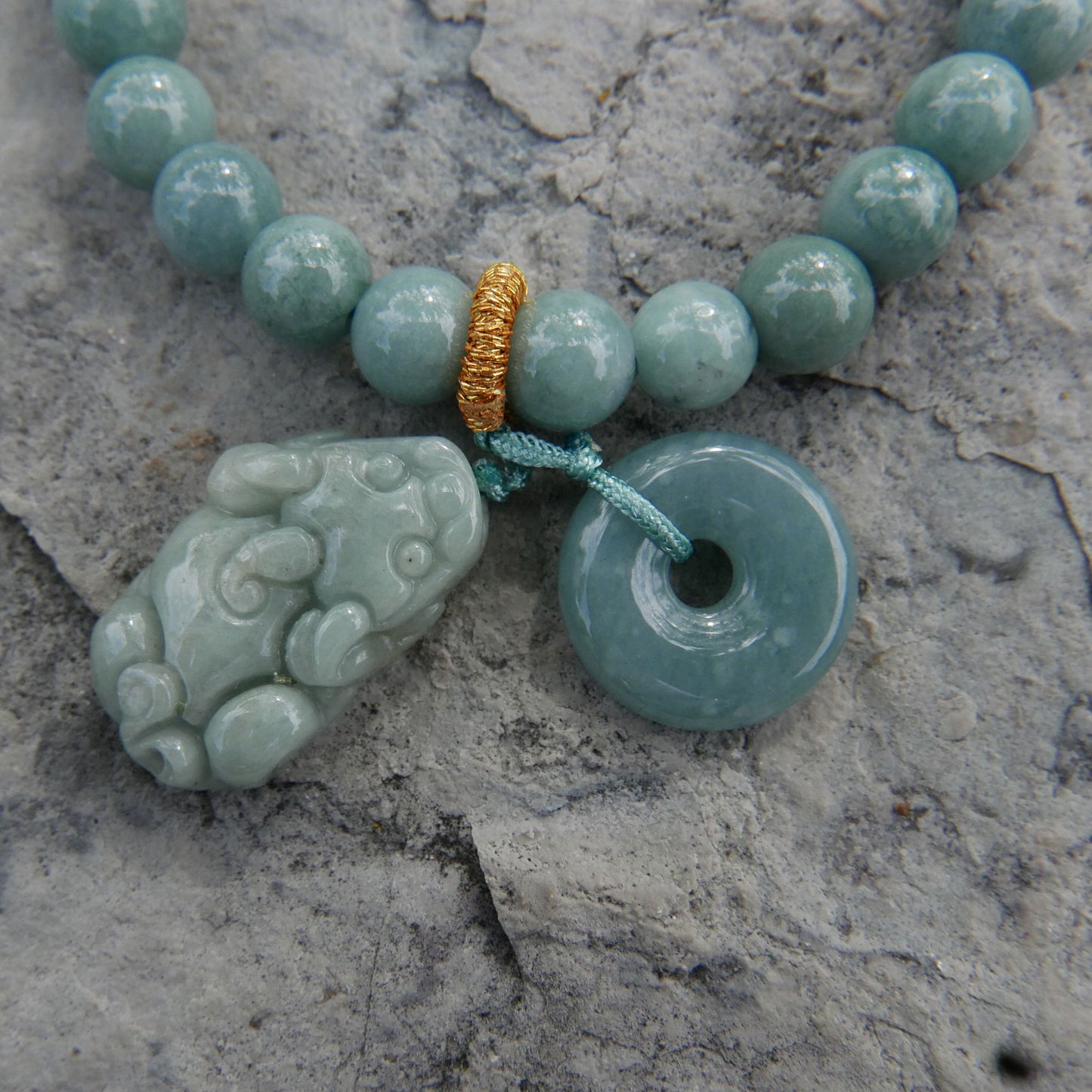 Blue Water Jade Bracelet (6.5-7mm) with Jade Donut and Pixiu Charms | Snow Heart Crystals - Online Crystal Shop Canada 