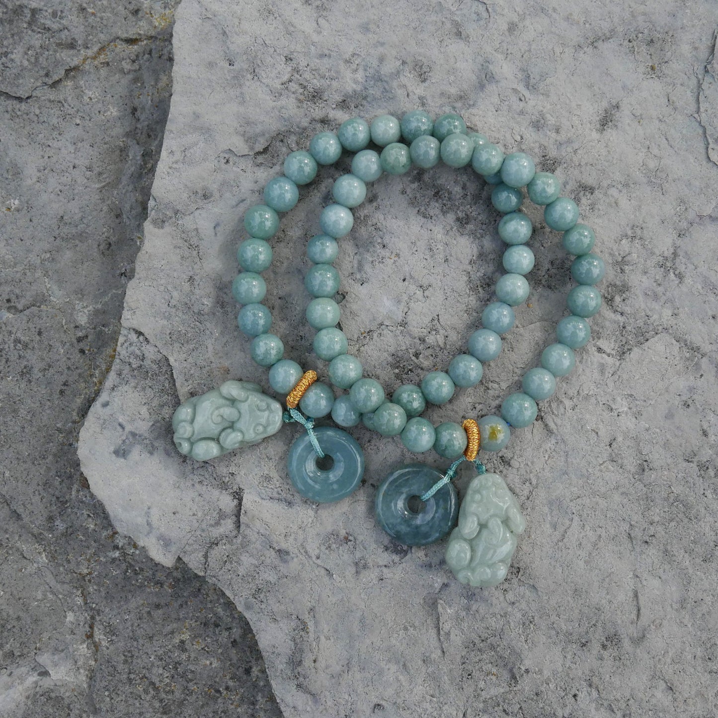 Blue Water Jade Bracelet (6.5-7mm) with Jade Donut and Pixiu Charms