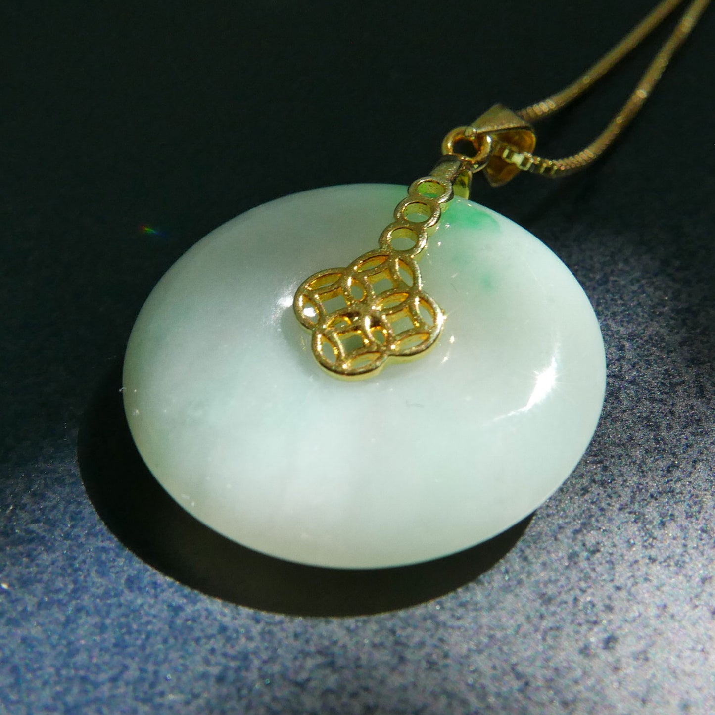 Prosperity Green Jade Donut Pendant with 14K Gold Plated Sterling Silver 1mm Box Chain Necklace (18") | Snow Heart Crystals - Online Crystal Shop Canada 