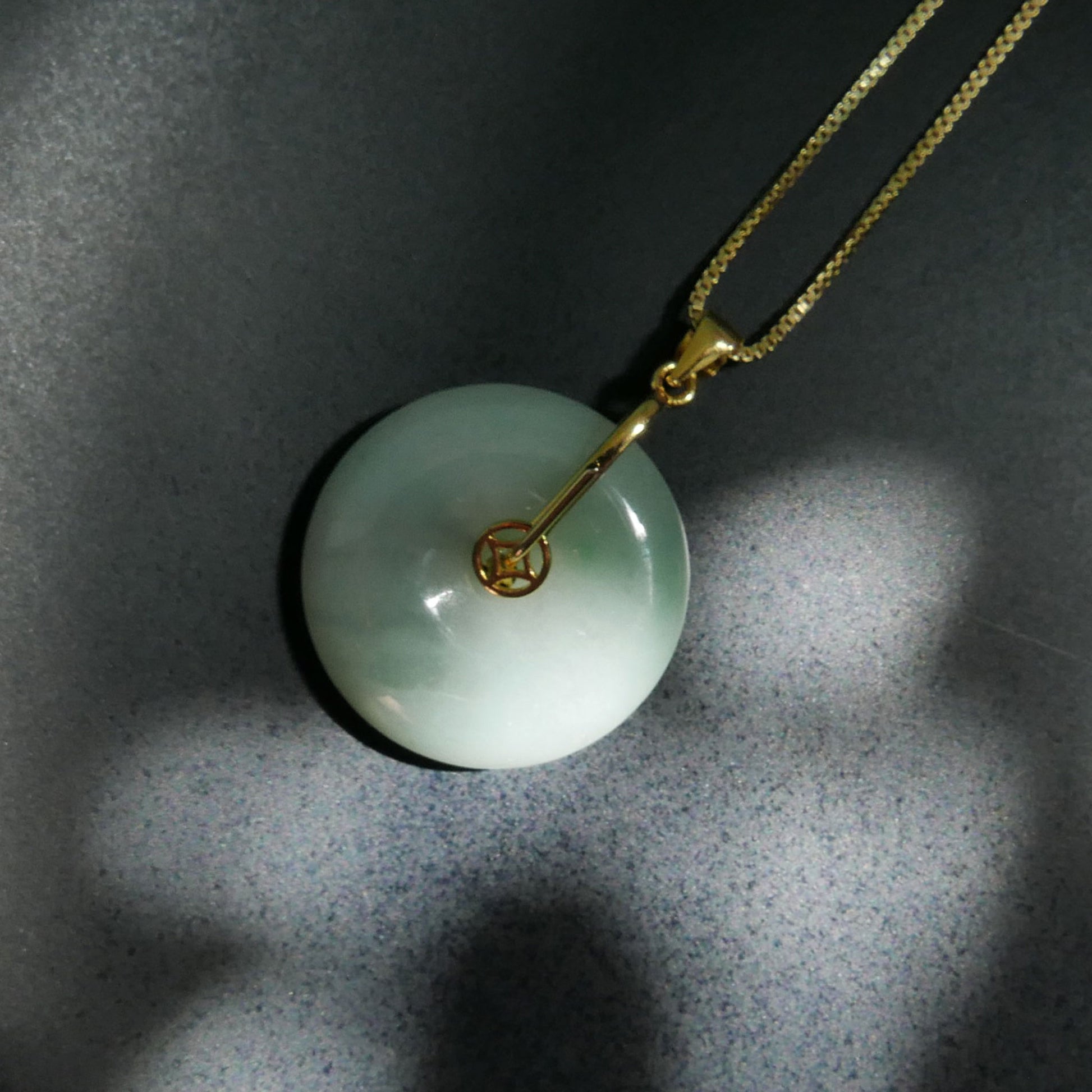 Prosperity Green Jade Donut Pendant with 14K Gold Plated Sterling Silver 1mm Box Chain Necklace (18") | Snow Heart Crystals - Online Crystal Shop Canada 