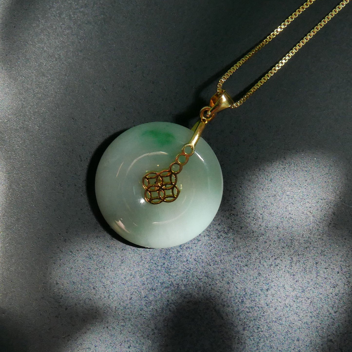 Prosperity Green Jade Donut Pendant with 14K Gold Plated Sterling Silver 1mm Box Chain Necklace (18") | Snow Heart Crystals - Online Crystal Shop Canada 