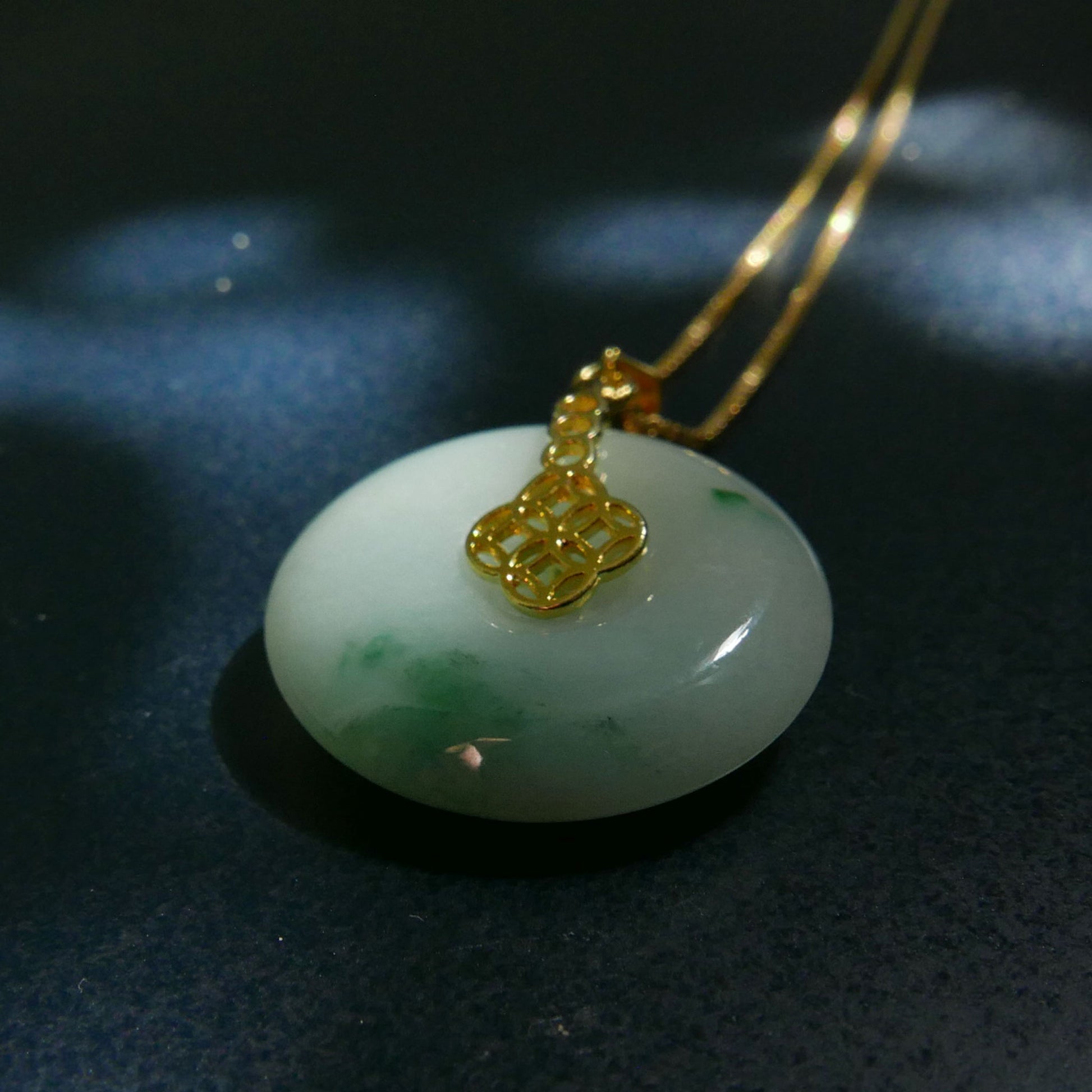 Prosperity Green Jade Donut Pendant with 14K Gold Plated Sterling Silver 1mm Box Chain Necklace (18") | Snow Heart Crystals - Online Crystal Shop Canada 