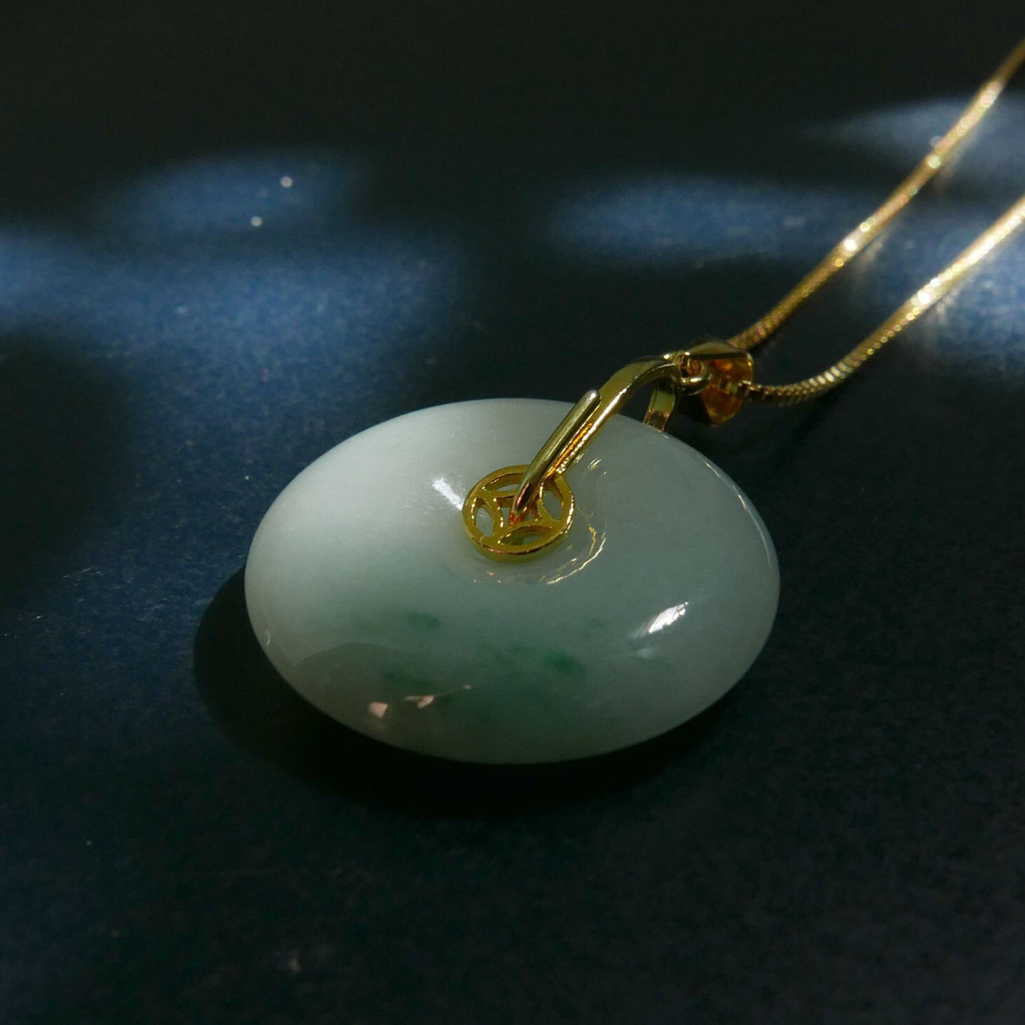 Prosperity Green Jade Donut Pendant with 14K Gold Plated Sterling Silver 1mm Box Chain Necklace (18") | Snow Heart Crystals - Online Crystal Shop Canada 