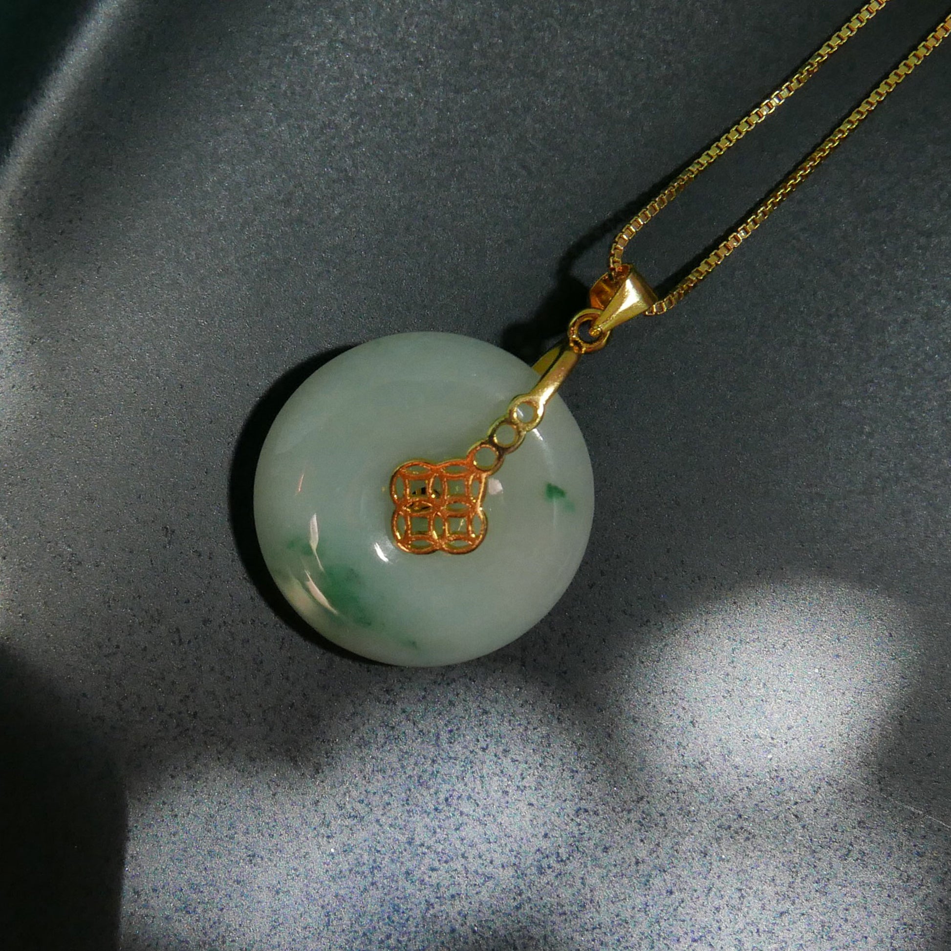 Prosperity Green Jade Donut Pendant with 14K Gold Plated Sterling