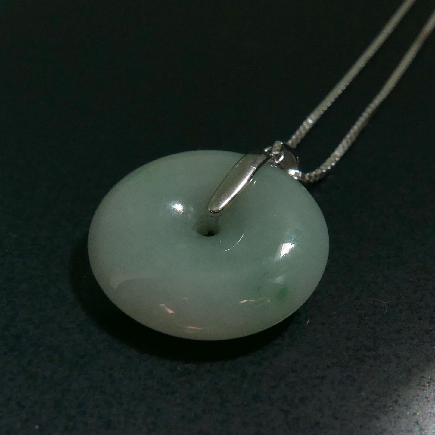 Green Jade Donut Pendant with Sterling Silver 1mm Box Chain Necklace (18") | Snow Heart Crystals - Online Crystal Shop Canada 