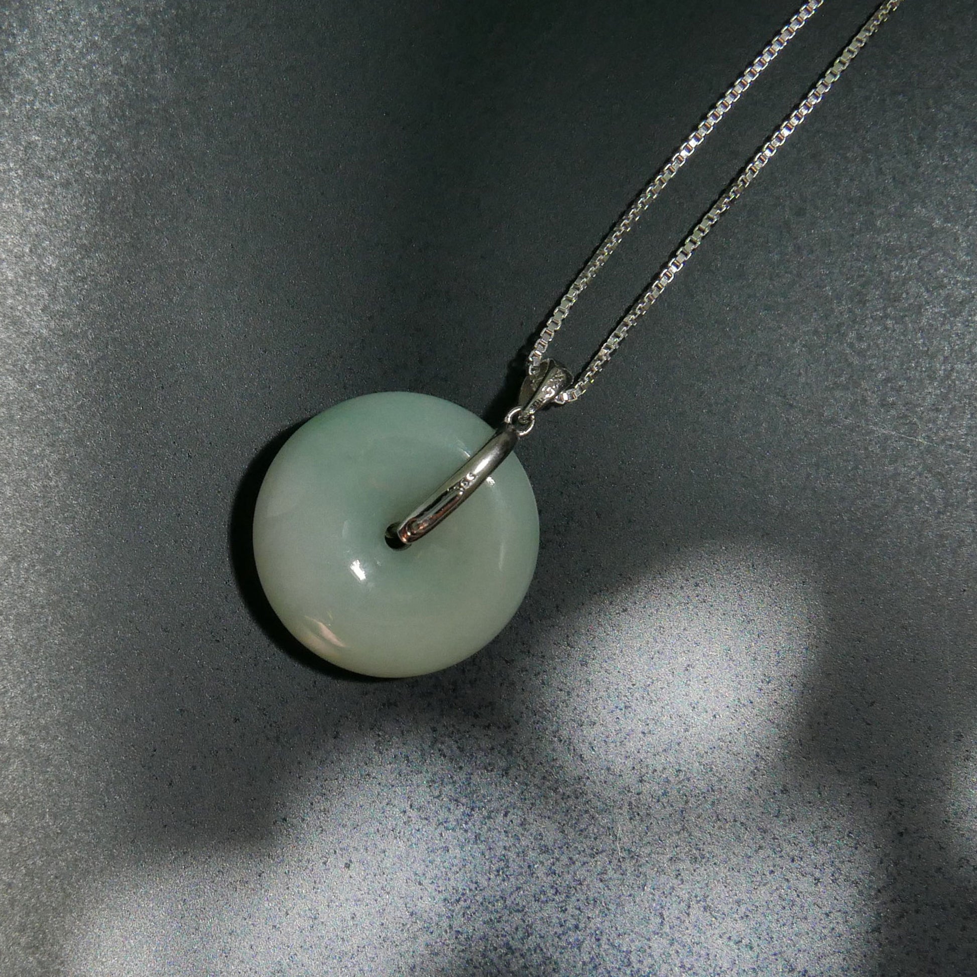 Green Jade Donut Pendant with Sterling Silver 1mm Box Chain Necklace (18") | Snow Heart Crystals - Online Crystal Shop Canada 