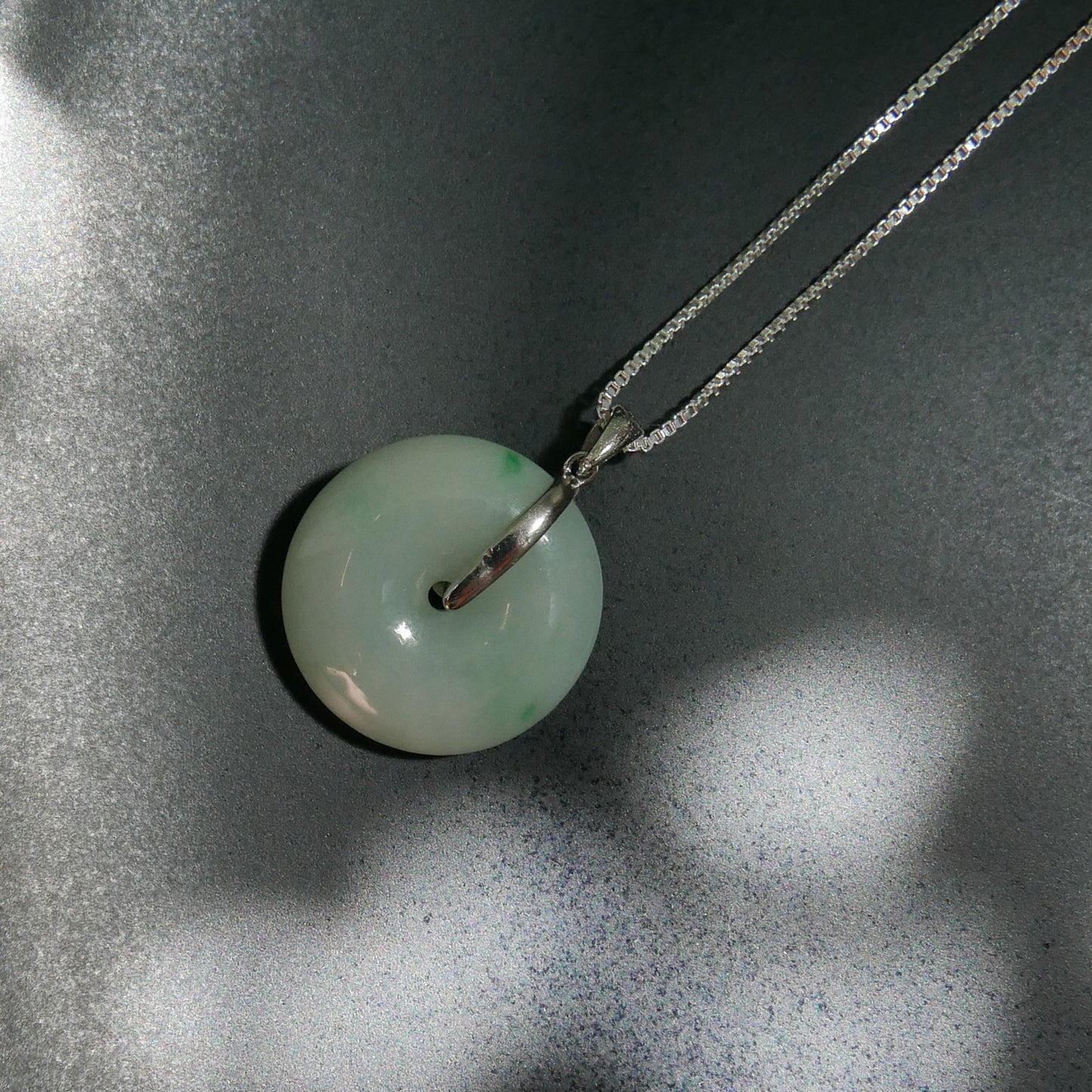 Green Jade Donut Pendant with Sterling Silver 1mm Box Chain Necklace (18") | Snow Heart Crystals - Online Crystal Shop Canada 