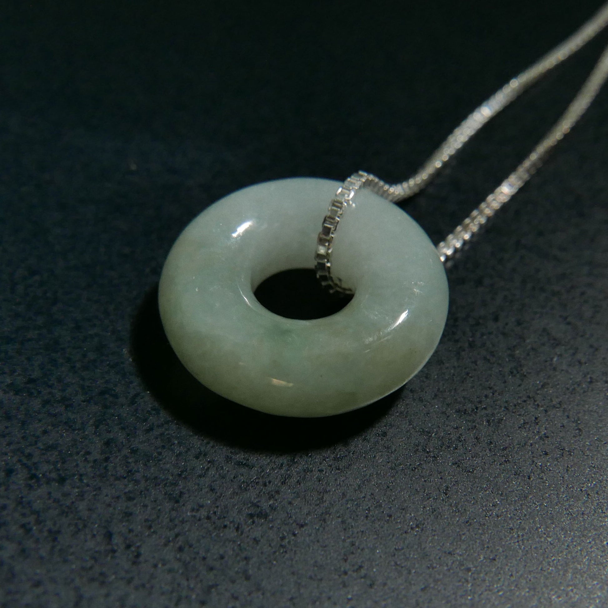 Green Jade Donut Pendant with Sterling Silver 1mm Box Chain Necklace (18") | Snow Heart Crystals - Online Crystal Shop Canada 