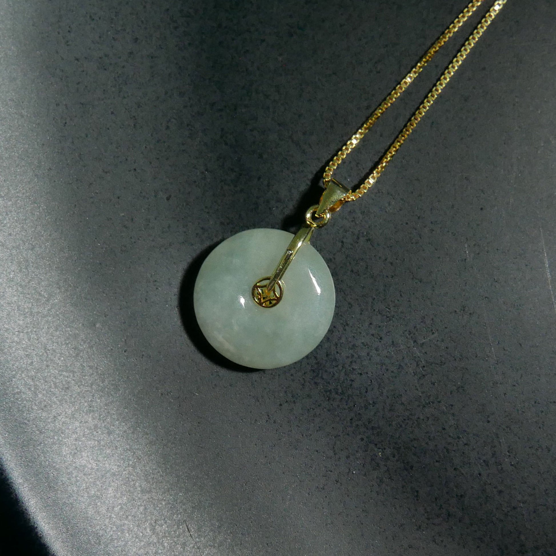 Prosperity Green Jade Donut Pendant with 14K Gold Plated Sterling Silver 1mm Box Chain Necklace (18") | Snow Heart Crystals - Online Crystal Shop Canada 