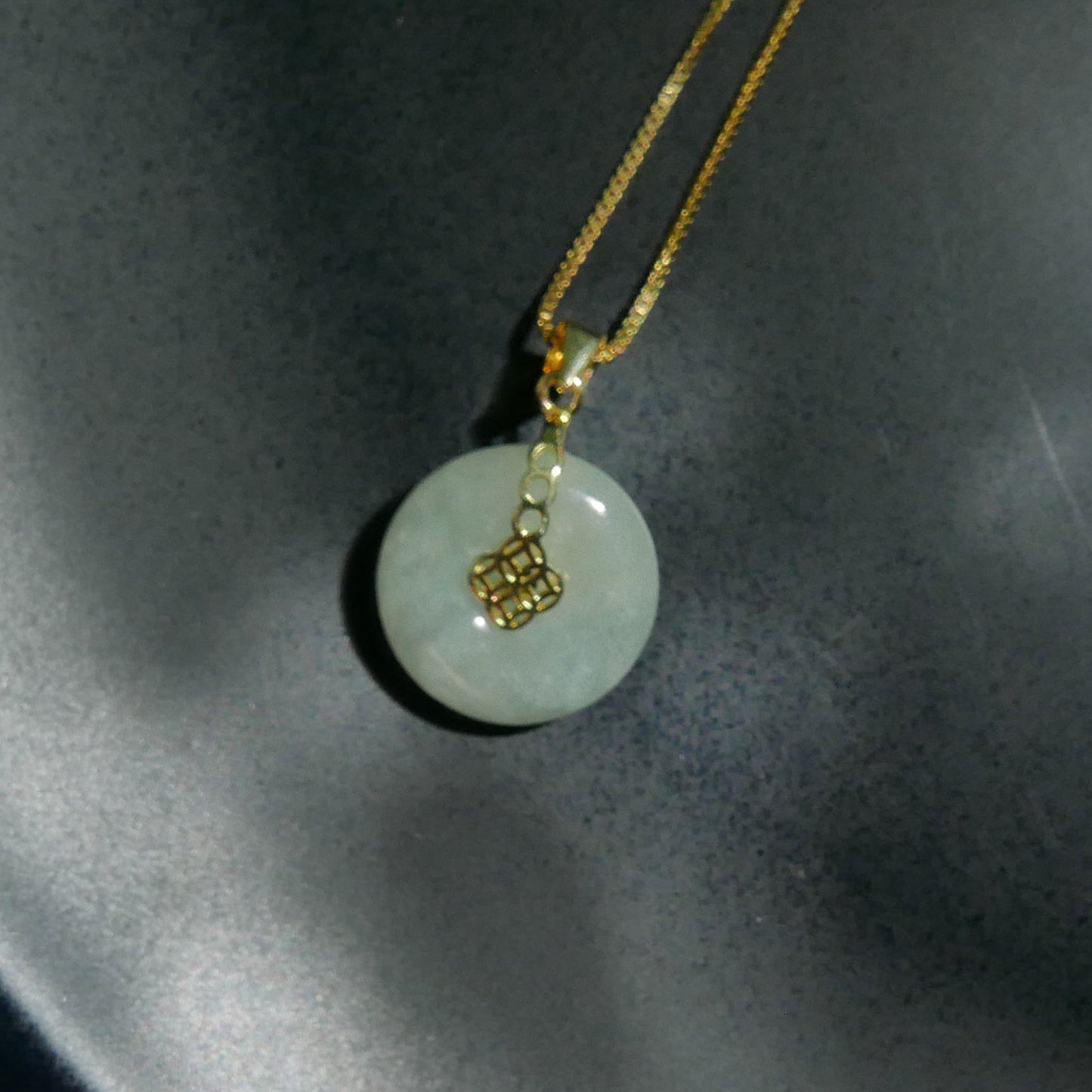 Prosperity Green Jade Donut Pendant with 14K Gold Plated Sterling Silver 1mm Box Chain Necklace (18") | Snow Heart Crystals - Online Crystal Shop Canada 