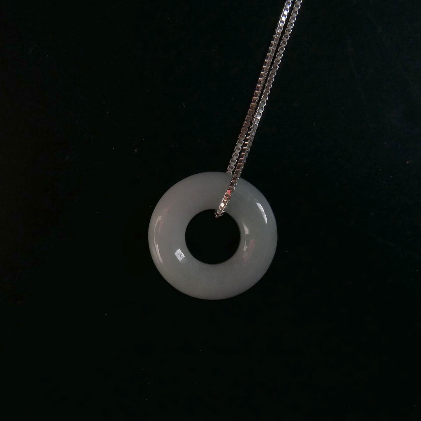 Green Jade Donut Pendant with Sterling Silver 1mm Box Chain Necklace (18") | Snow Heart Crystals - Online Crystal Shop Canada 