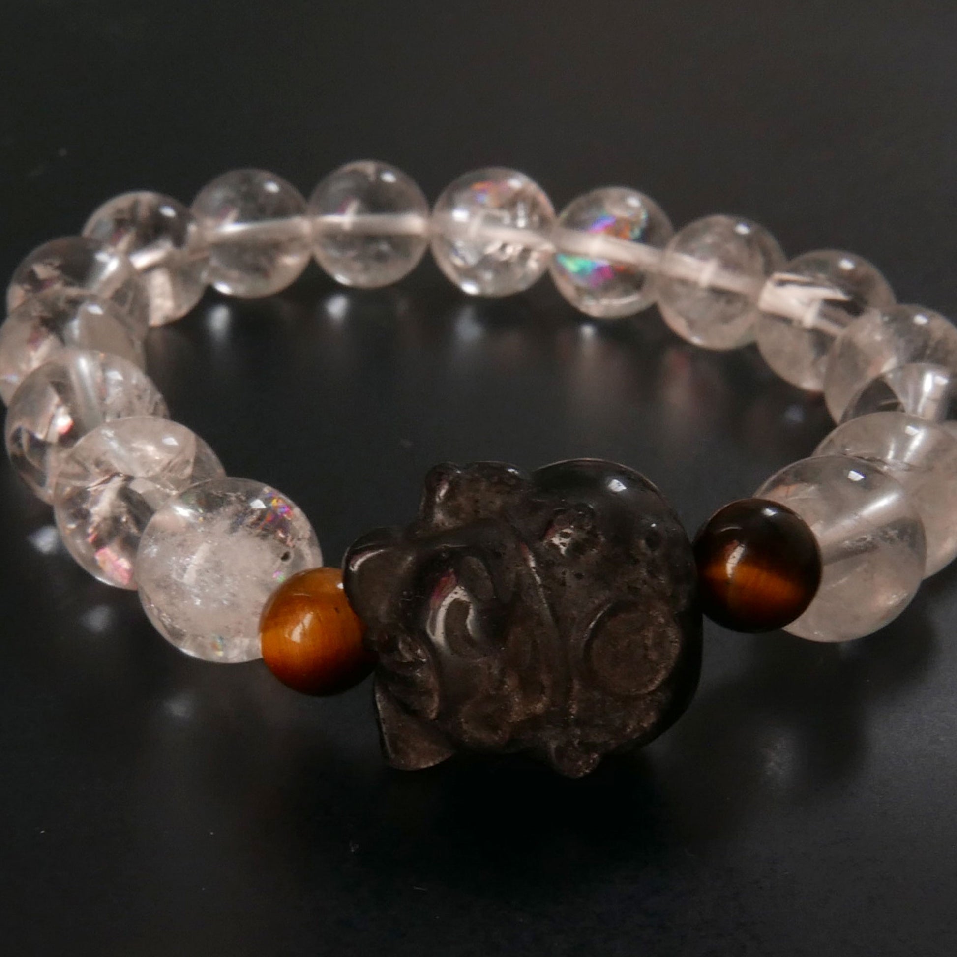 Silver Obsidian Lucky Cat Charm Bracelet with Clear Quartz and Tiger Eye | Snow Heart Crystals - Online Crystal Shop Canada 