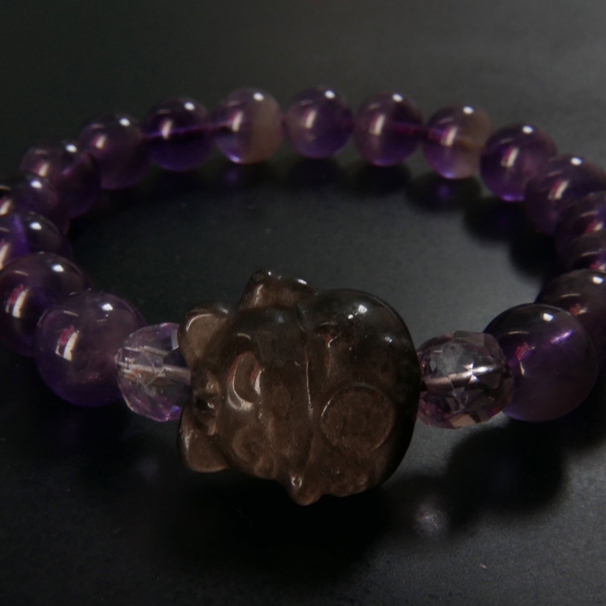 Silver Obsidian Lucky Cat Charm Bracelet with Amethyst | Snow Heart Crystals - Online Crystal Shop Canada 