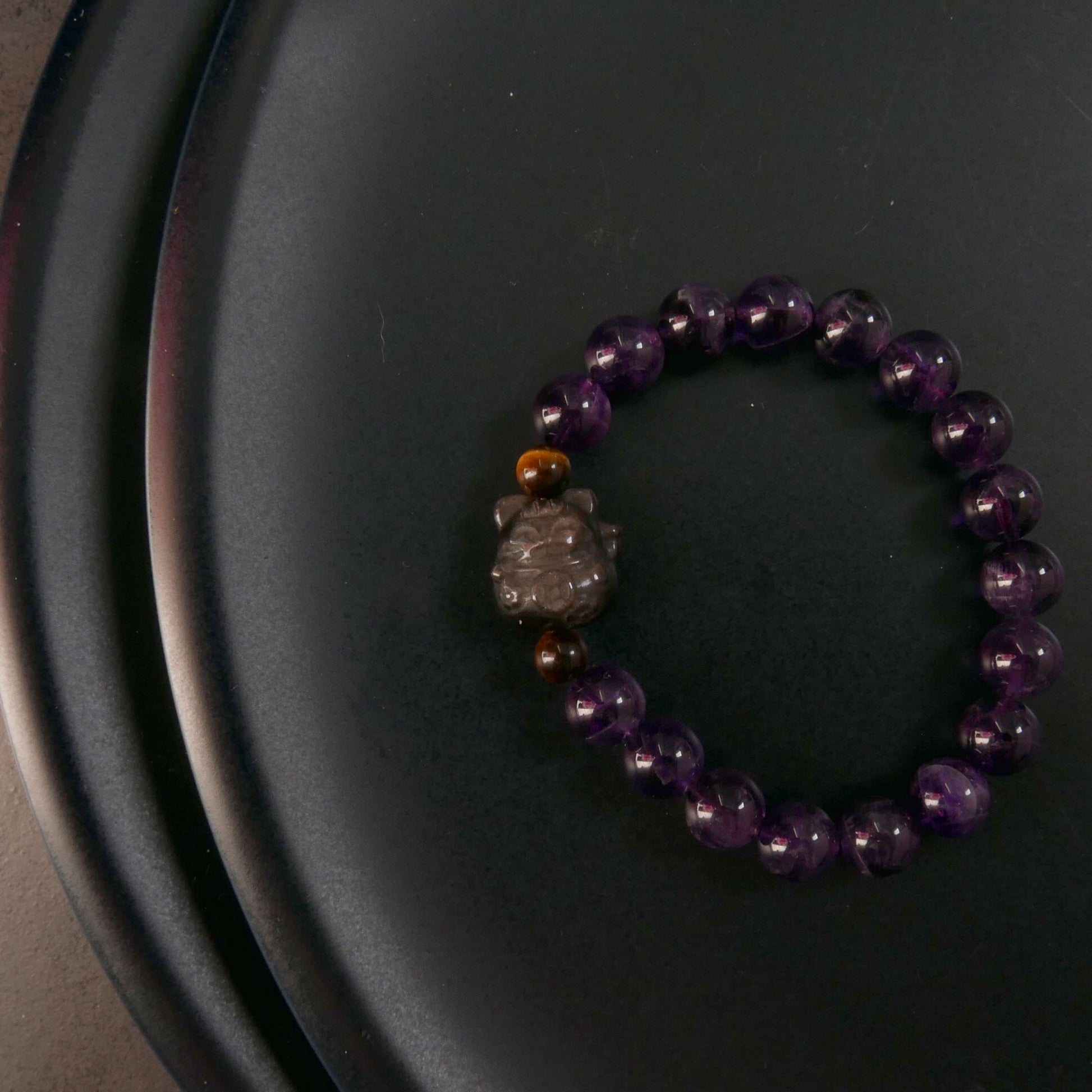 Silver Obsidian Lucky Cat Charm Bracelet with Amethyst and Tiger Eye | Snow Heart Crystals - Online Crystal Shop Canada 