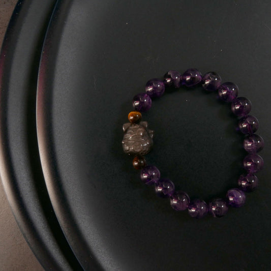 Silver Obsidian Lucky Cat Charm Bracelet with Amethyst and Tiger Eye | Snow Heart Crystals - Online Crystal Shop Canada 