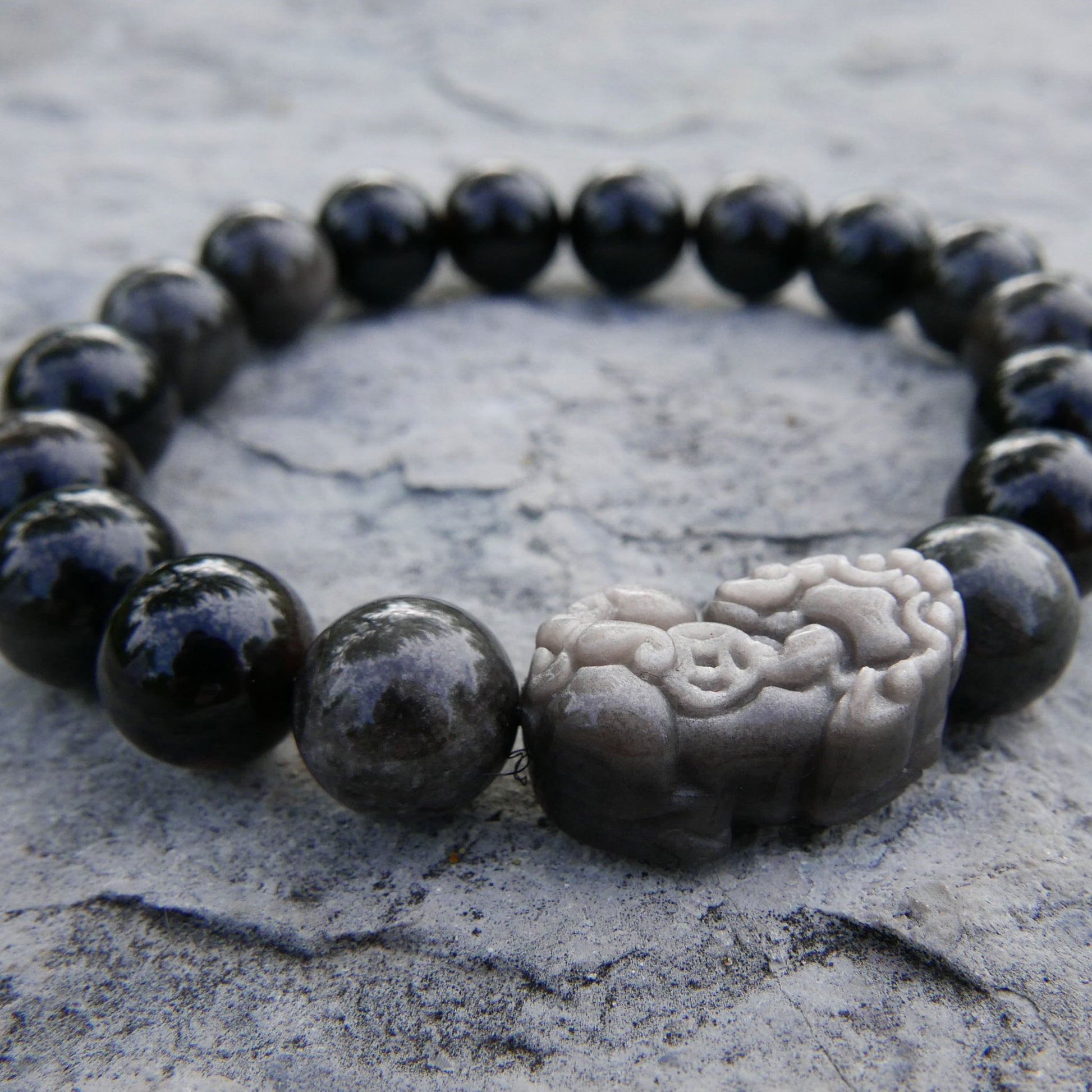 Silver Obsidian Bracelet (10-11mm) with Silver Obsidian Pixiu | Snow Heart Crystals - Online Crystal Shop Canada 