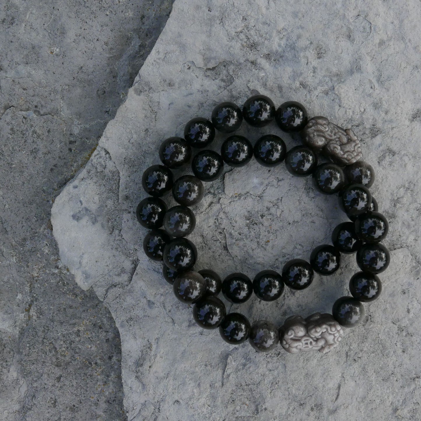 Silver Obsidian Bracelet (10-11mm) with Silver Obsidian Pixiu | Snow Heart Crystals - Online Crystal Shop Canada 