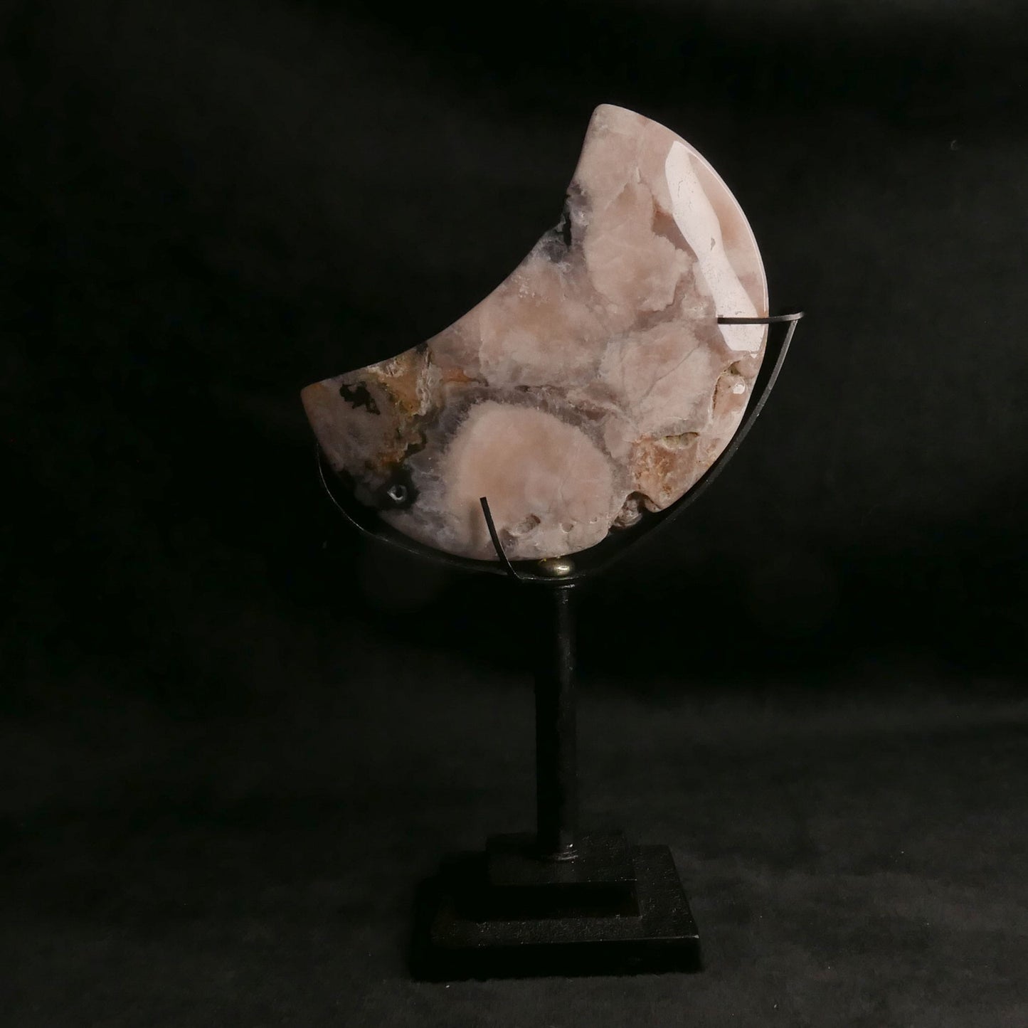 Flower Agate Moon with Black Metal Stand | Snow Heart Crystals - Online Crystal Shop Canada 