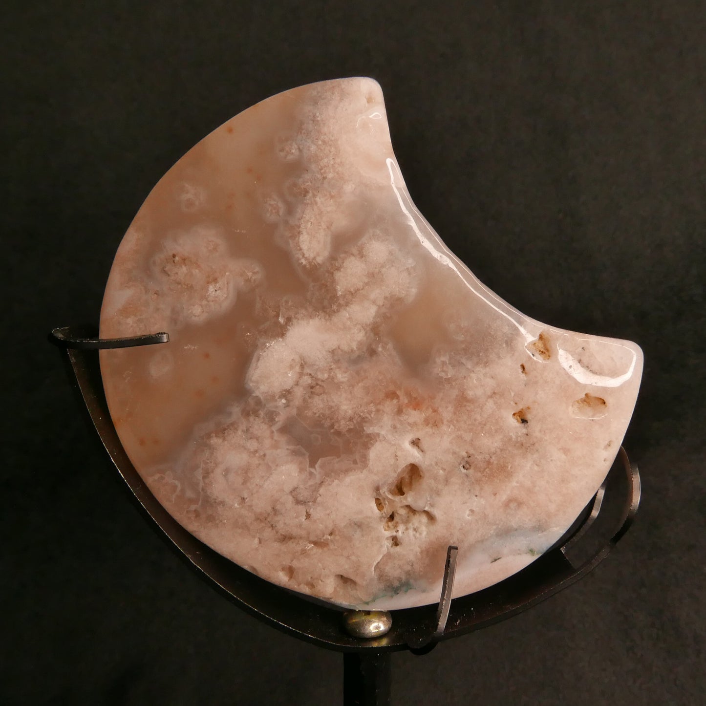 Flower Agate Moon with Black Metal Stand | Snow Heart Crystals - Online Crystal Shop Canada 